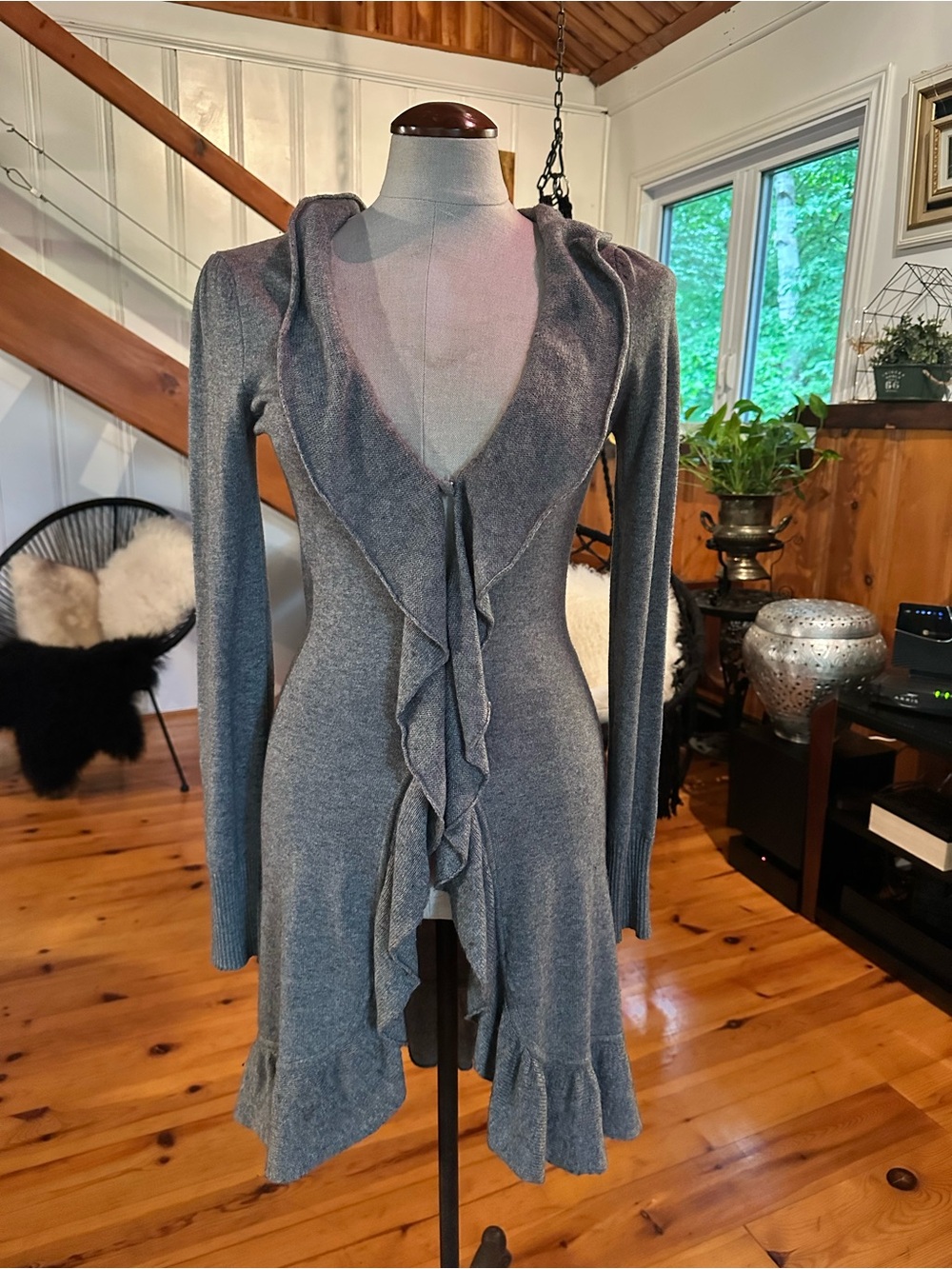 Silk and cashmere Gray Ruffle Open-Front Women's Sweater Cardigan